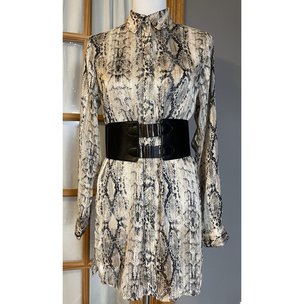 Tamara H Phyton Print Tunic Blouse XS Beige Button Up Long Sleeve Jungle City